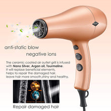 Load image into Gallery viewer, Negative Ions Ceramic Hair Dryer with Diffuser Attachment Ionic Blow Dryer Quick Drying,1875 Watt 2 Speed / 3 Heat Settings,Cool Shot Button,Lightweight,Champagne Gold