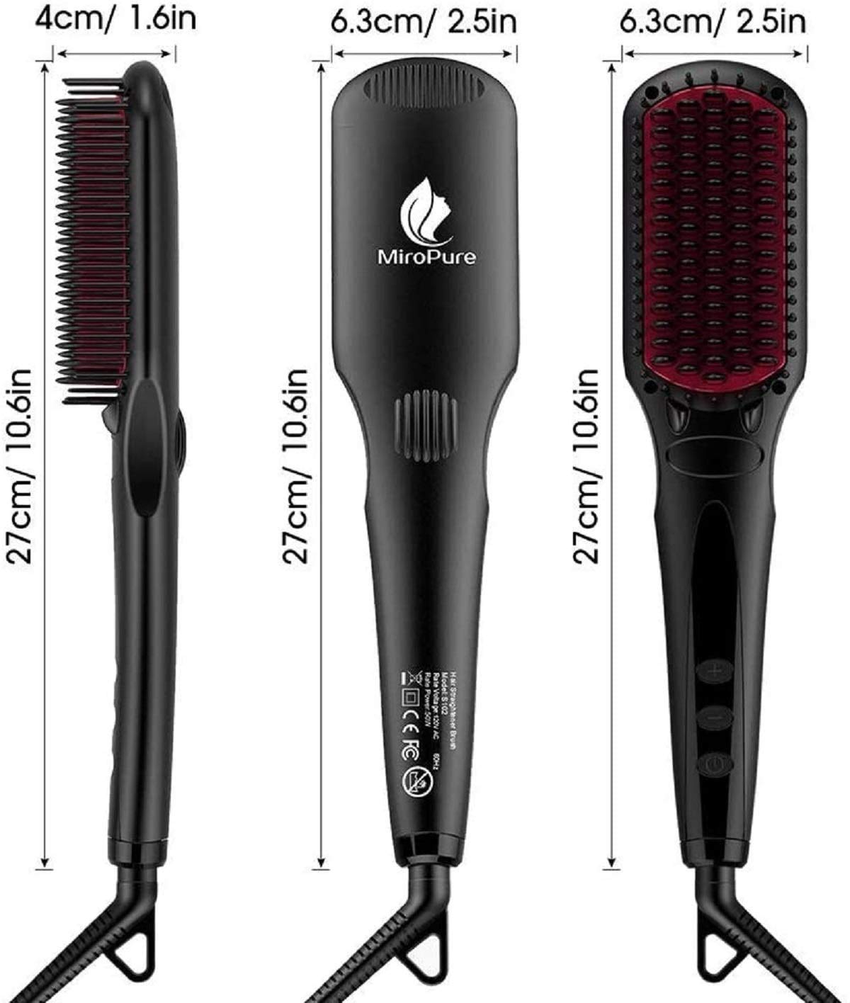 Enhanced Hair Straightener Brush by MiroPure, 2-in-1 Ionic Straightening Brush with Anti-Scald Feature, Auto Temperature Lock & Auto-Off Function (Black)