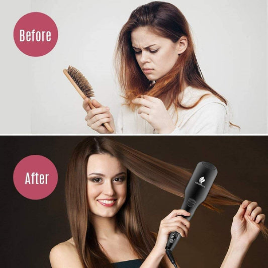 Enhanced Hair Straightener Brush by MiroPure, 2-in-1 Ionic Straightening Brush with Anti-Scald Feature, Auto Temperature Lock & Auto-Off Function (Black)
