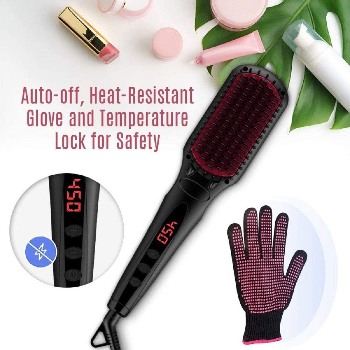Enhanced Hair Straightener Brush by MiroPure, 2-in-1 Ionic Straightening Brush with Anti-Scald Feature, Auto Temperature Lock & Auto-Off Function (Black)