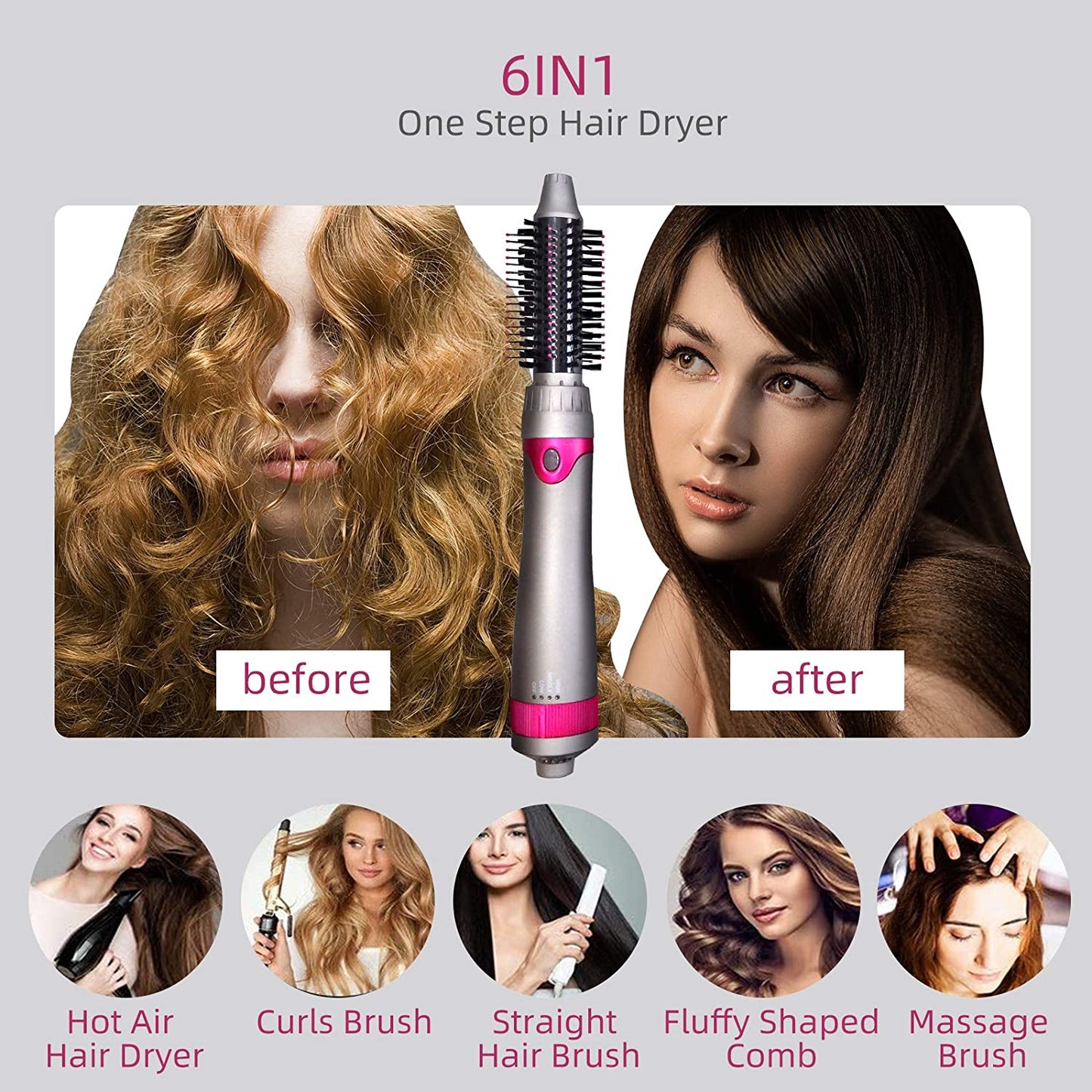 6 in 1 Hair Dryer Brush, Blow Dryer Brush Styler,Salon Negative Ionic Electric Hot Air Brush,Hair Straightener&Curly Hair Comb,Detachable Brush Hair Dryers for Women,Mothers Day Gifts